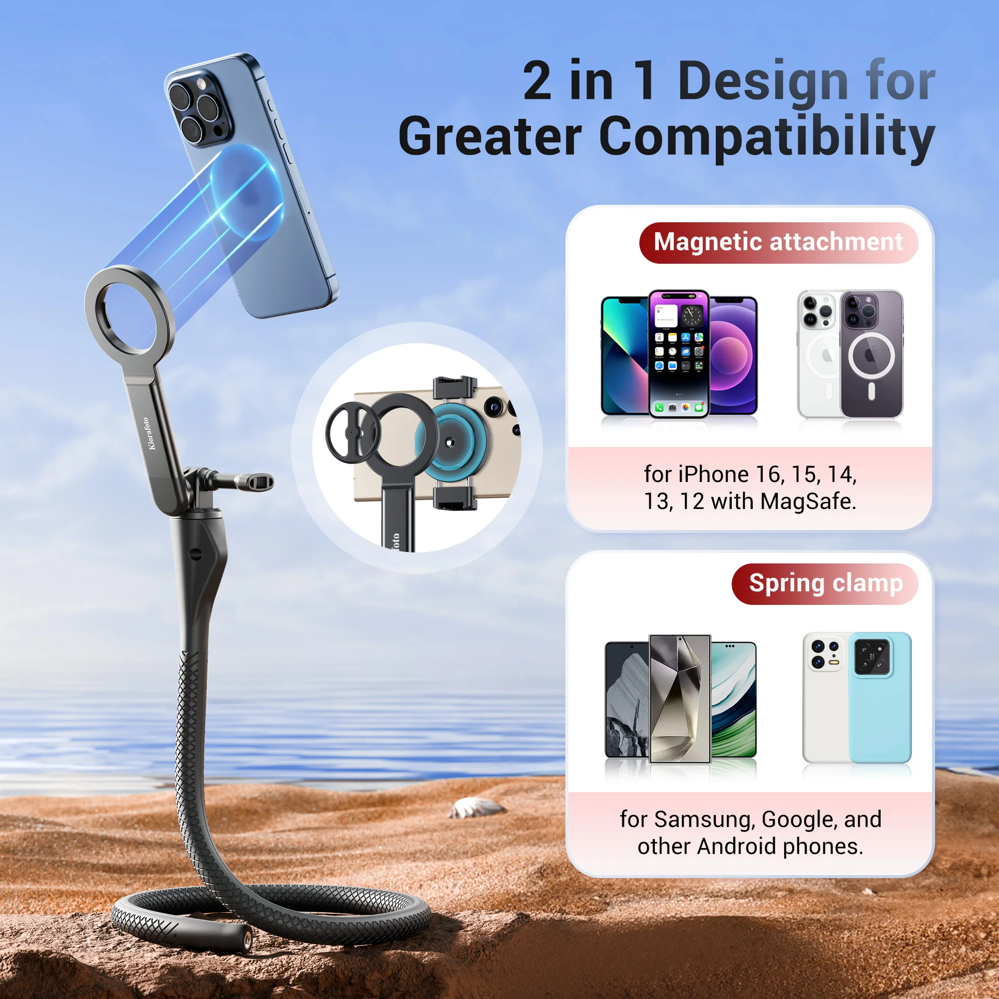 Flexible Magnetic Phone Holder Stand Selfie Stick Gooseneck with Clamp Mount for iPhone 16/15/14 Pro Max for Insta360 X4 /GoPro