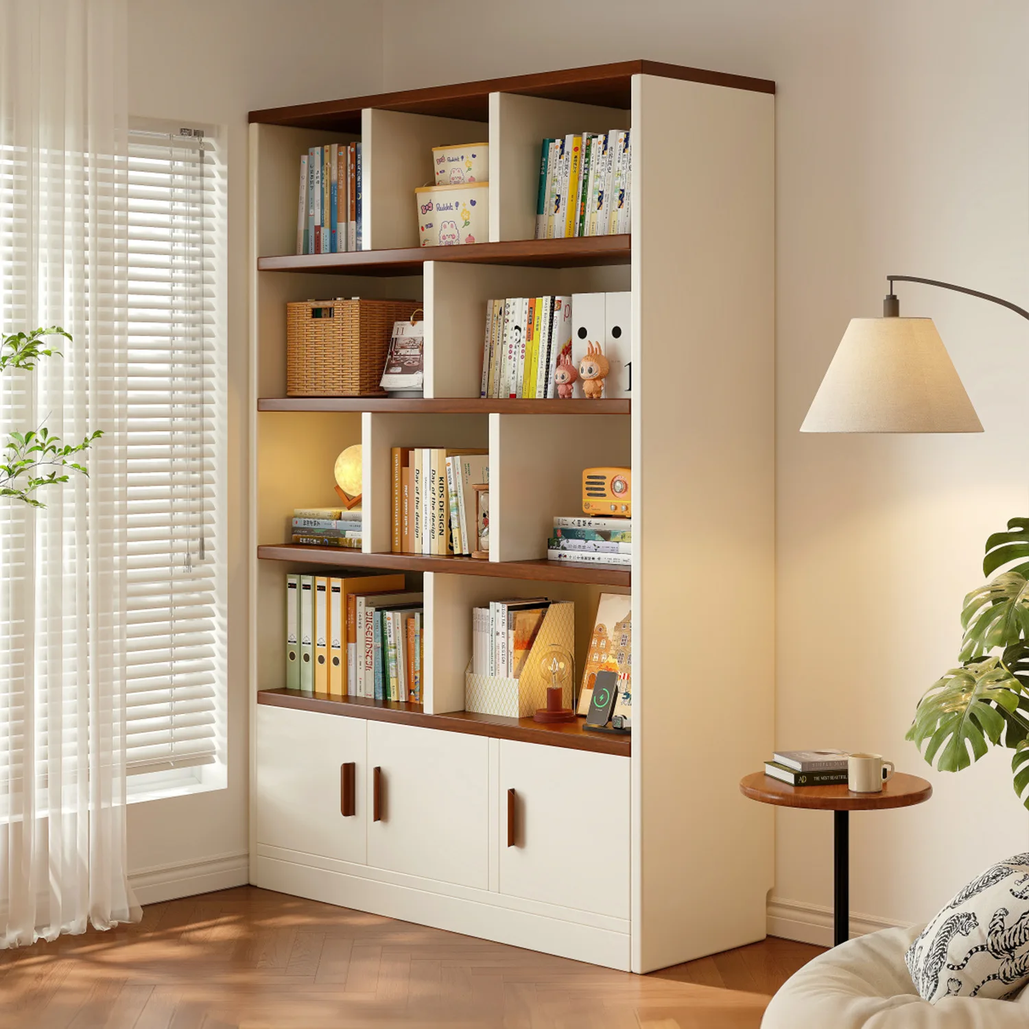 Solid wood bookcase, locker integrated against the wall, bookshelf floor-to-ceiling household shelf, living room whole wall