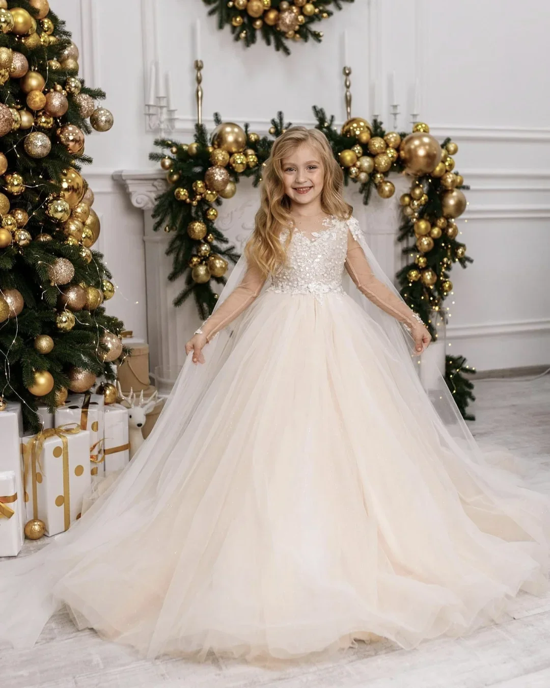 Elegante vestido de tul esponjoso con apliques de lentejuelas, manga completa, vestido de niña de flores para boda, vestido de fiesta de cumpleaños de primera comunión para niños