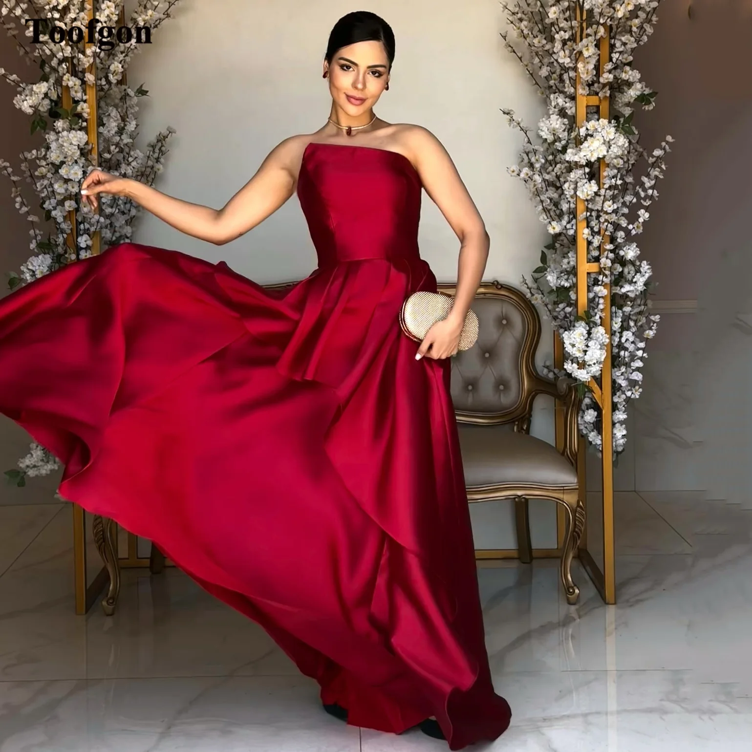 

Toofgon A Line Satin Customized Evening Dresses Strapless Women Special Occasion Formal Party Long Prom Dress Red Carpet Gowns