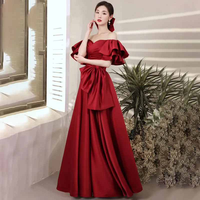 

Women Evening Cocktail Formal Dress Wedding Guest Big Bow Ruffle Sleeve Off Shoulder Celebrity Ceremony Banquet Ball Gown Solid