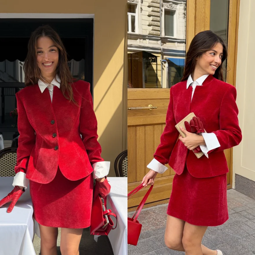 Delicate Women 2‑Piece Skirt Suit Corduroy Stand Collar Button Blazer Mini Skirt Set For Date Banquet Daily Gathering Customized