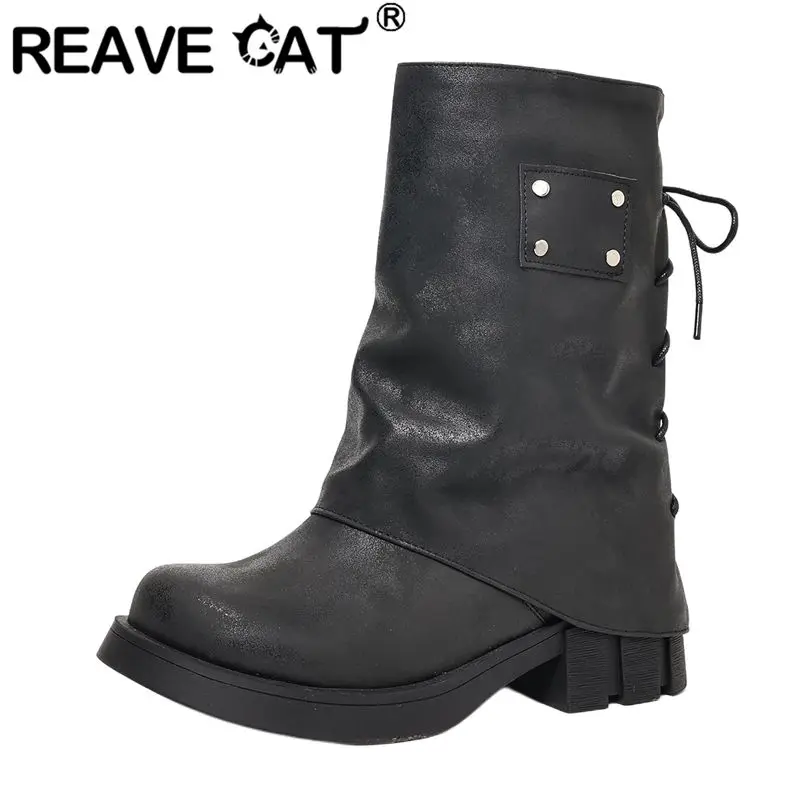 

REAVE CAT Женские сапоги до середины икры с круглым носком 4,5 см, блочные каблуки, слипоны на шнуровке, большие размеры 41 42 43 Повседневные повседневные женские ботильоны цвета хаки
