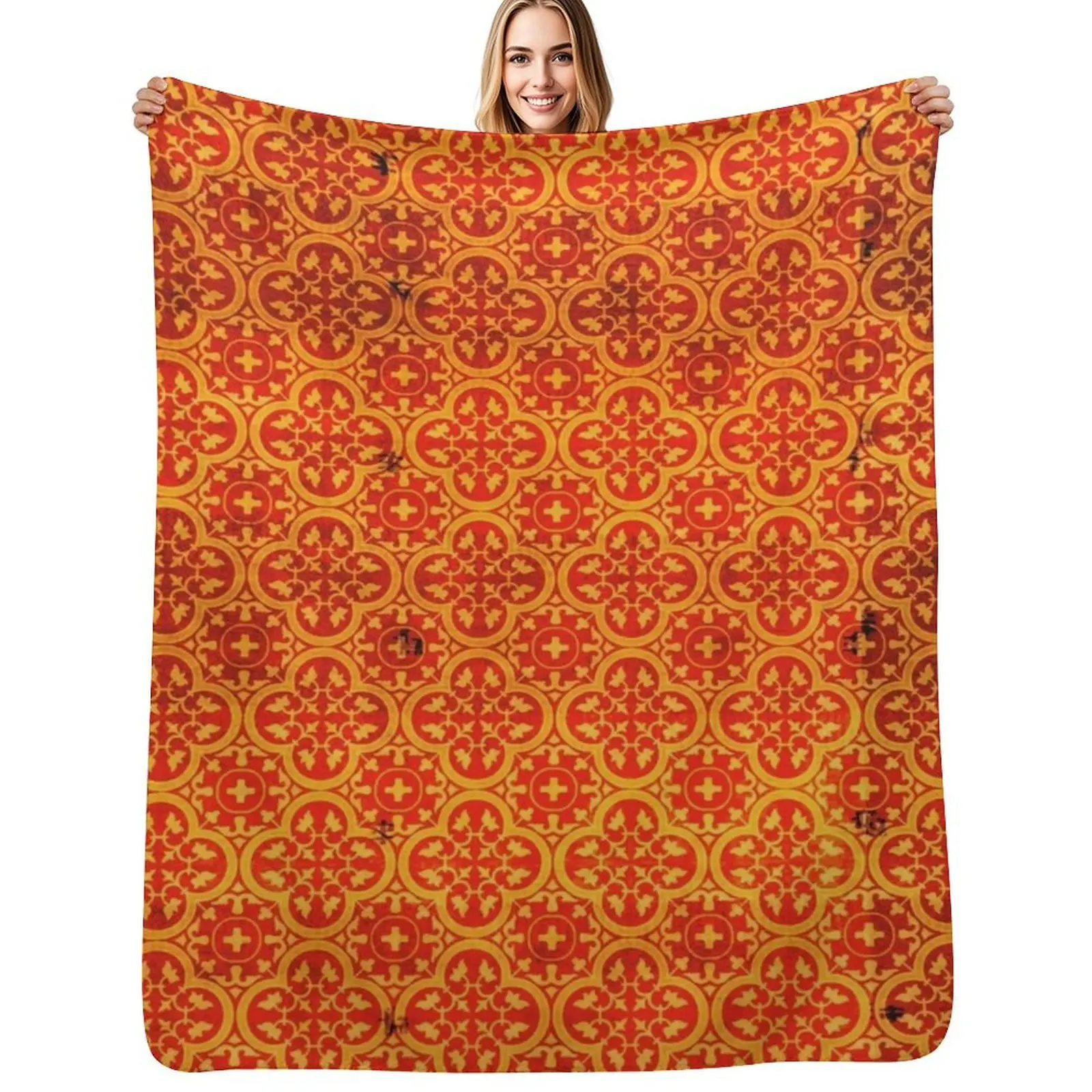 

Orange Traditional Oriental Moroccan Style Pattern Throw Blanket Stylish Decor Blanket Gift for Friends Roommate