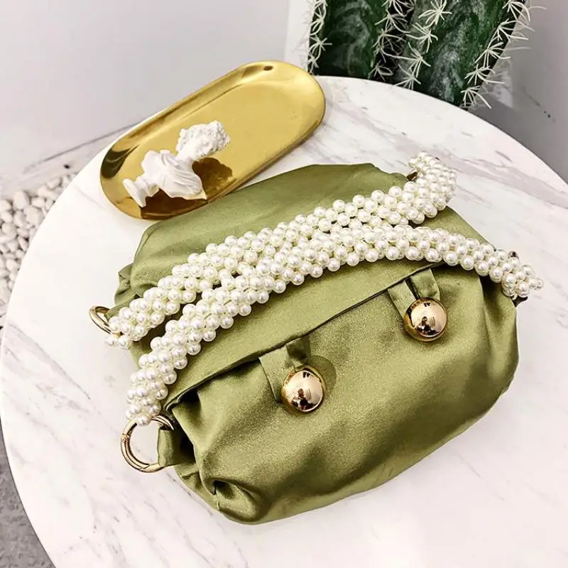 Light Luxury Fashion New Satin Silk Pearl Handle Women's Handbag High Sense Evening Dress Banquet Lipstick Cosmetics Storage Bag