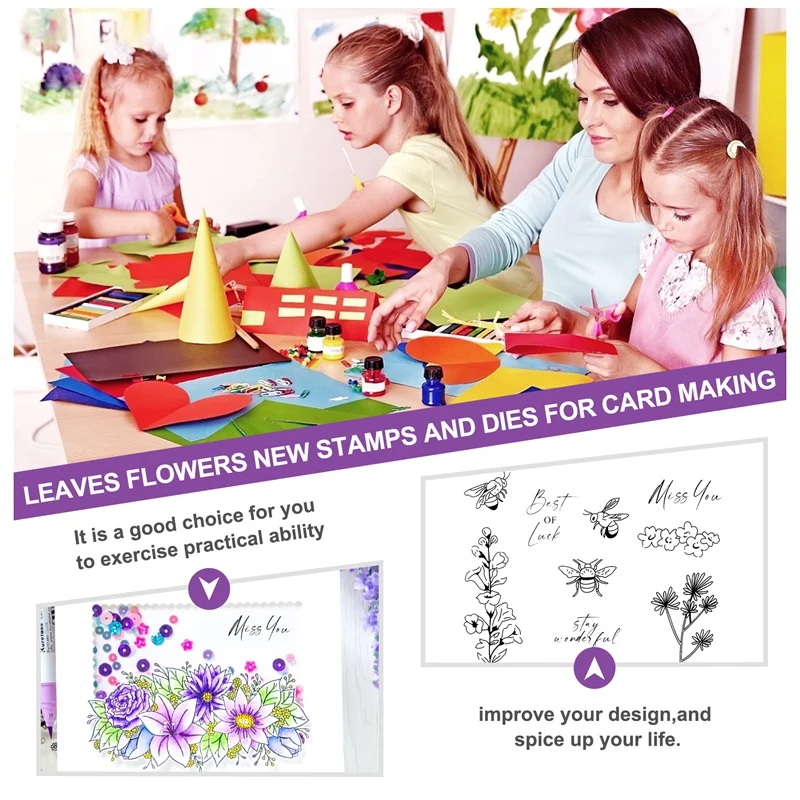 Juego de troqueles y sellos de hojas y flores para fabricación de tarjetas, troqueles de corte de Metal de abeja de miel DIY, sellos transparentes