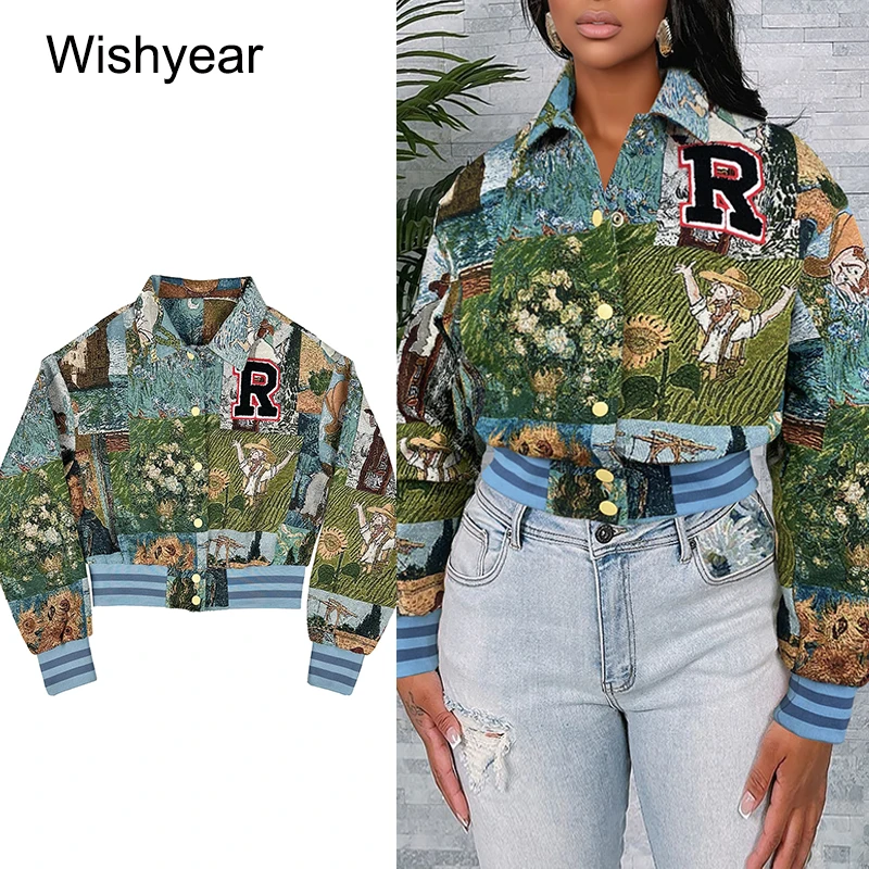 

Vintage Print Letter Baseball Coat Jacket Women Lapel Long Sleeve Button Fall Winter campus Sports Outerwear Street y2k Harajuku