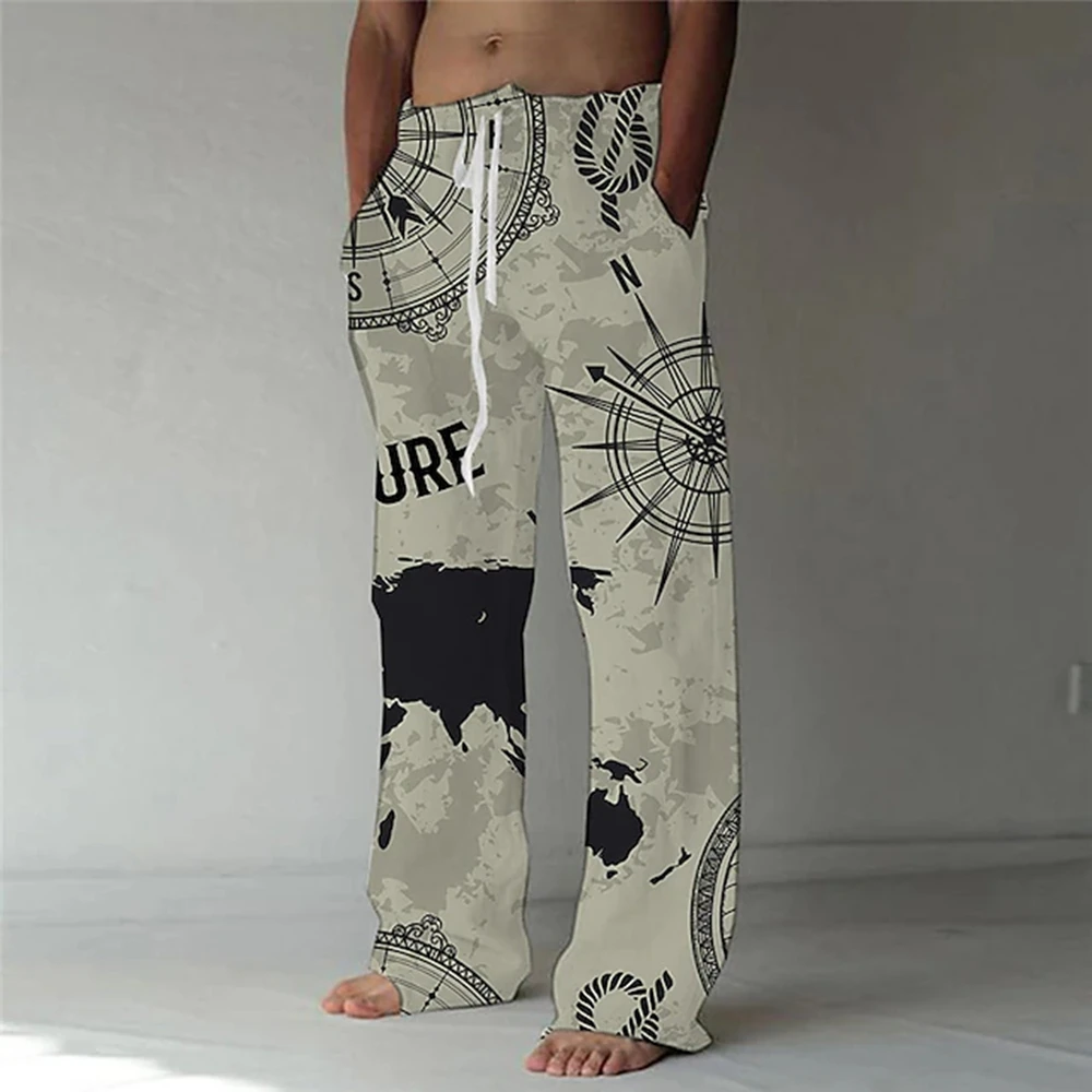 

Men's Summer Beach Pants Drawstring Elastic Waist Pants Map Line Pattern Print Everyday Men's Pants Vintage Loose Casual Pants