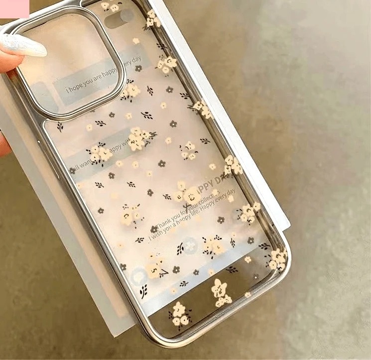 Floralpatterned high-end electroplated silver frame transparent phone case for iPhone17 16 15 14 13 12 11Pro/Max/Plus soft cover