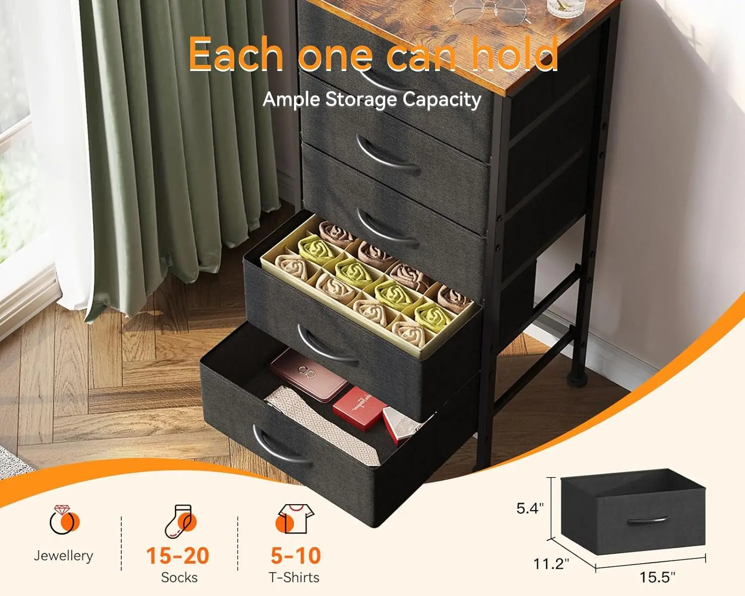 Armário de tecido com gavetas de armazenamento, cômoda, mesa final para sala de estar, quarto, 5 Tall, 31"