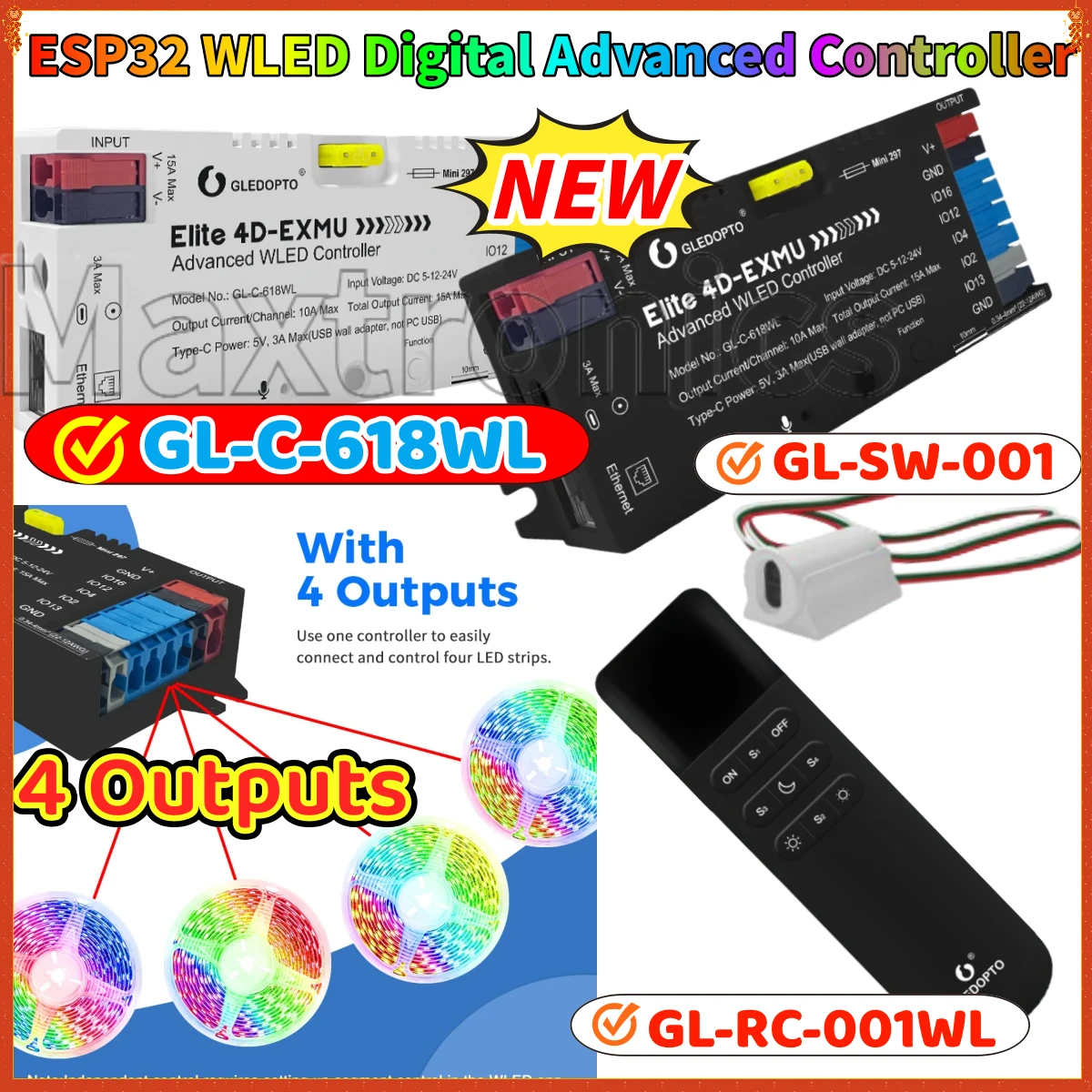 NEW GLEDOPTO WiFi Ethernet ESP32 WLED Digital Advanced Controller 4 Outputs Music GL-C-618WL for WS2812B SK6812 WS2815 LED Strip