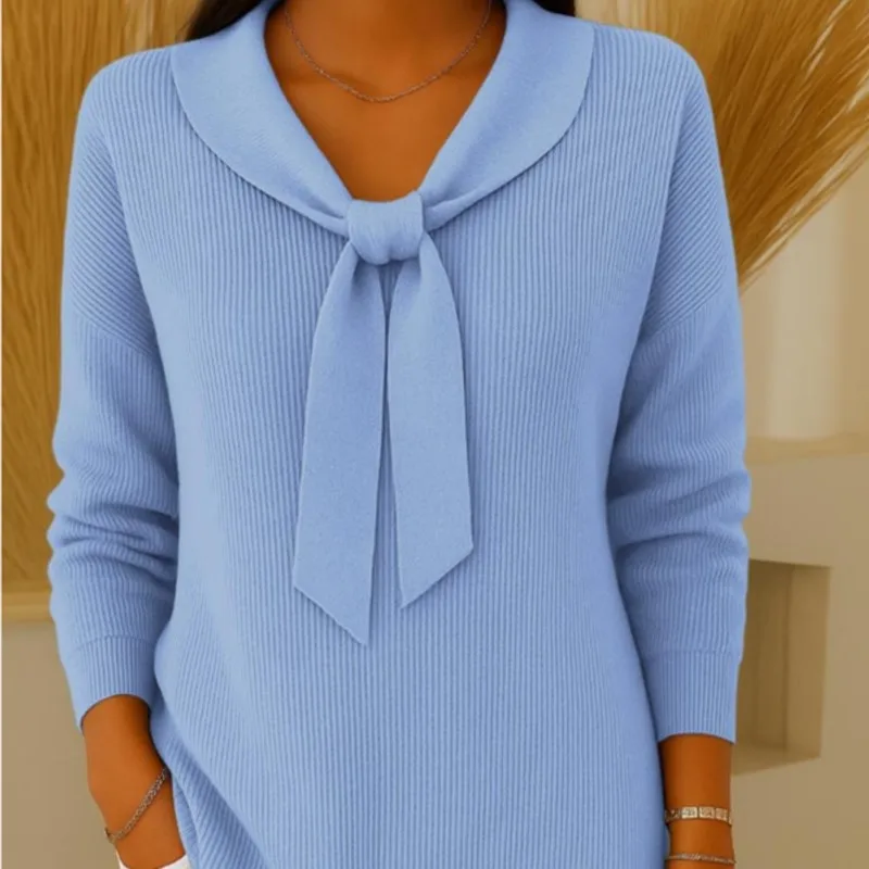 جديد خريف وشتاء 2025 بلوزات نسائية محبوكة غير رسمية للتنقل عصرية بلون سادة وياقة دمية وأكمام طويلة بلوفر فضفاض #4