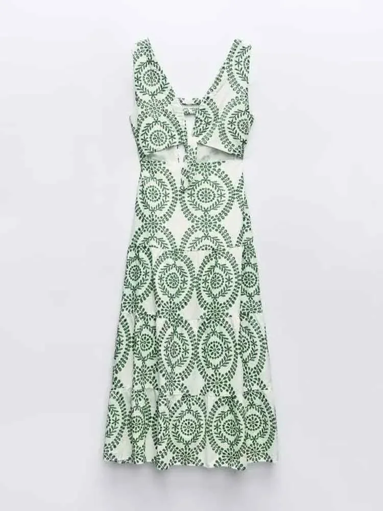 

European style women's clothing new fashion temperament V-neck sleeveless open design knotted hollow embroidery dress