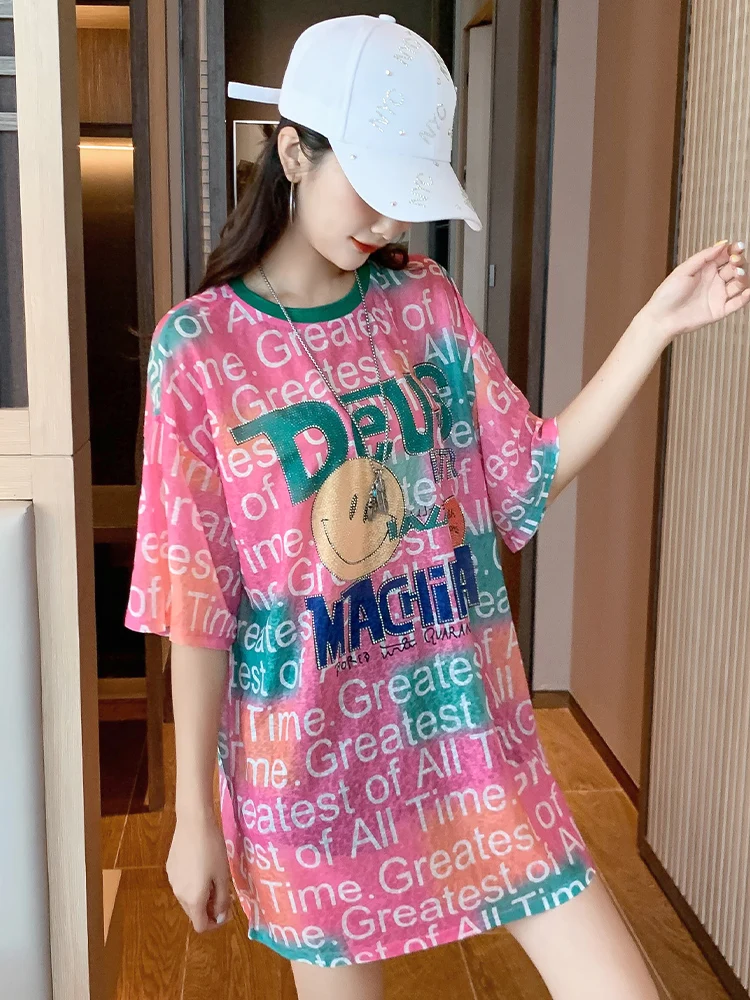 Plus Size Pink Hot Drilling Loose T-Shirt Dress Women Summer New American Spice Girls Mid-Length Letter Slim Short-Sleeved Top