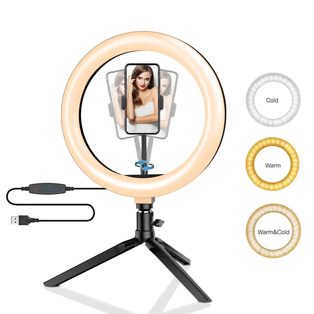 26cm 10 inch Led Ring Selfie Light Dimmable Photography Lighting Kit Usb Charge Lamp With Tripod For Live Video 120 Lamp Beads