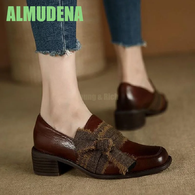 

Retro British Style Leather Shoes with Genuine Leather Bow Deep Cut Square Toe Thick Heel Commuting Casual Single Shoes
