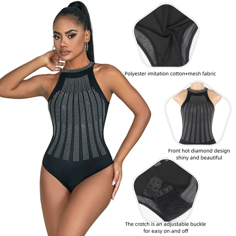 Ohyeahlady Lady Mesh Transparent Tights Leotard Sleeveless Pajamas Rompers Black Halter Bodysuits Lingerie Sexy Teddy Jumpsuits