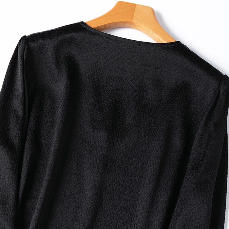 Blusa de seda para mujer 93% seda de morera 7% LICRA 19 Momme Color negro manga larga jersey con cuello en V camiseta superior Oficina señora M1455