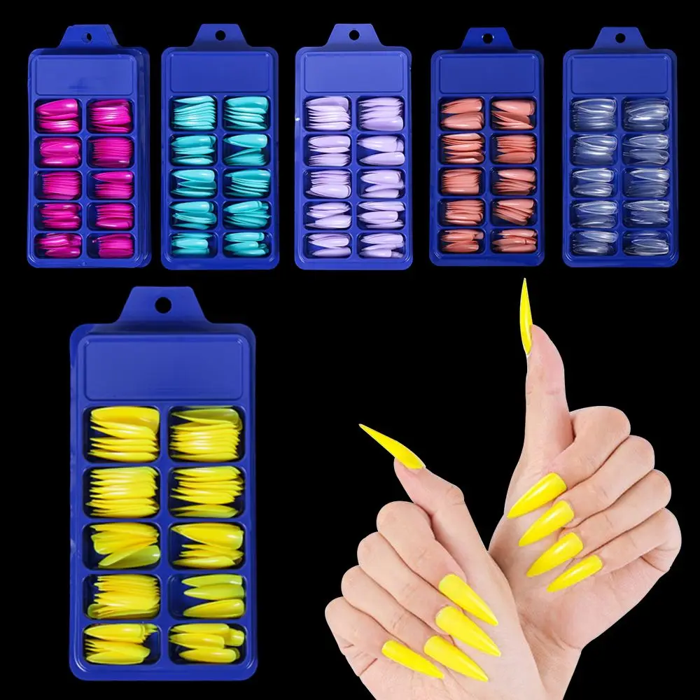 100 PCS/Box Solid Colour False Nail Tips Fake Nails Art Long Stiletto Acrylic Manicure DIY Tools Full Style 20Colors_voghion.com