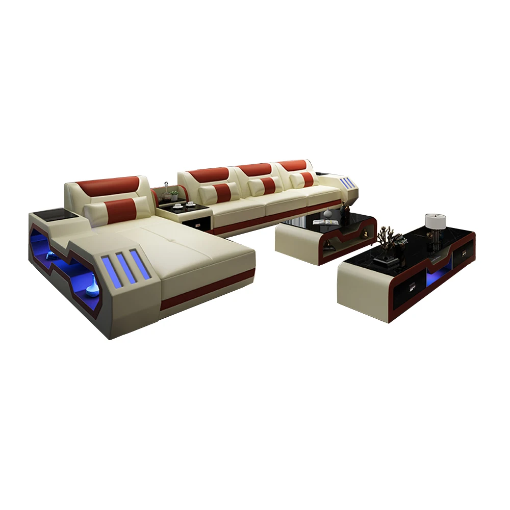 Leather Sofa Set with LED Light Living Room Furniture Couch Sofas Modernos Para Sala Grandes Sofás with USB Charging,Tabl