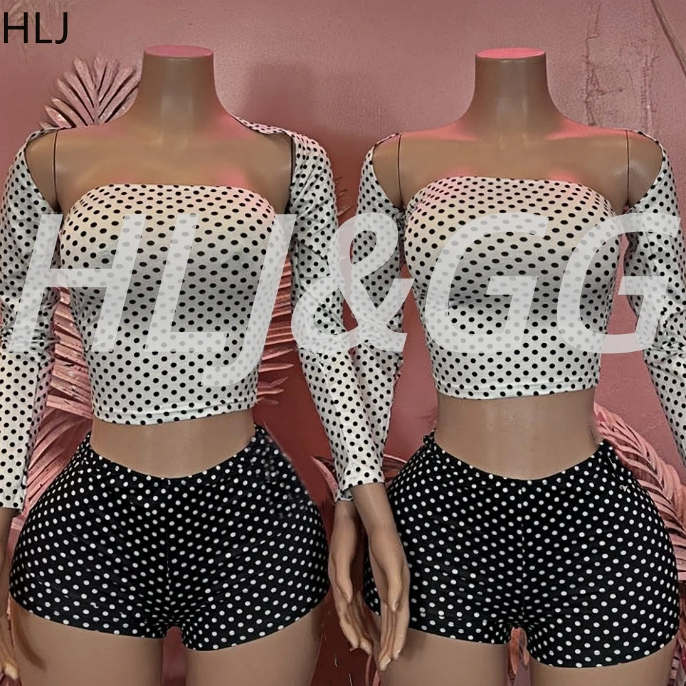 HLJ Fashion Y2K Комплекты из трех предметов с принтом в горошек Женский топ с длинными рукавами + жилет + шорты Одежда Летняя ретро Новая одинаковая уличная одежда