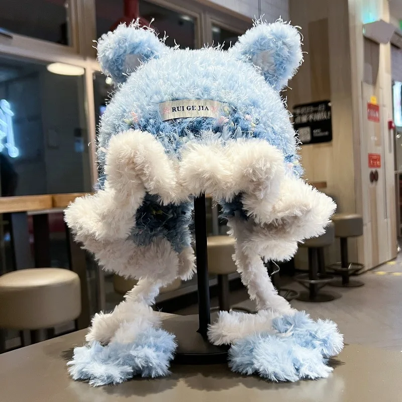 

Милые вязаные плюшевые шапки с кошачьими ушками для женщин на осень и зиму, утолщенная шапка для защиты ушей, универсальные шапочки Skullies