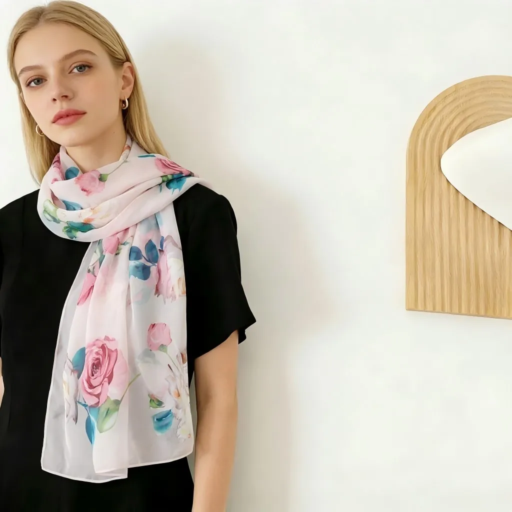 Elegant Rose Floral Print Chiffon Scarf 160x50cm - Soft Georgette Shawl for Women, Lightweight Sun Protection & Beach Cover-Up