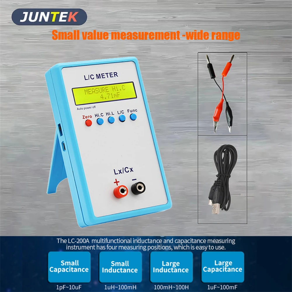 

Измеритель емкости и индуктивности JUNTEK LC-200A Digital LCD, измеритель индуктивности LC 1pF-100mF 1uH-100H