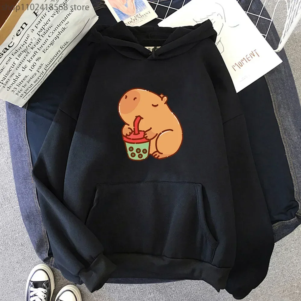 Cute Capybara Drinking Bubble Tea Hoodies Women Cartoon Animal Print Sweatshirt Autumn Winter Long Sleeve Casual Y2k Clothes Men