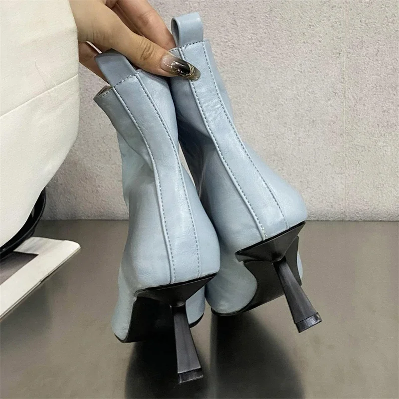 Women's Pointed Toe Soft Leather Elastic Slip on Thin Kitten Heel Ankle Boots Elegant Office Casual Daily Footwear Drop Shipping