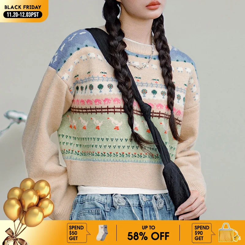 

Maden Vintage Sweater with Animal Patterns Round Neck Versatile Pullover for Women's Autumn Winter Fair Isle Knitted Inner Wear