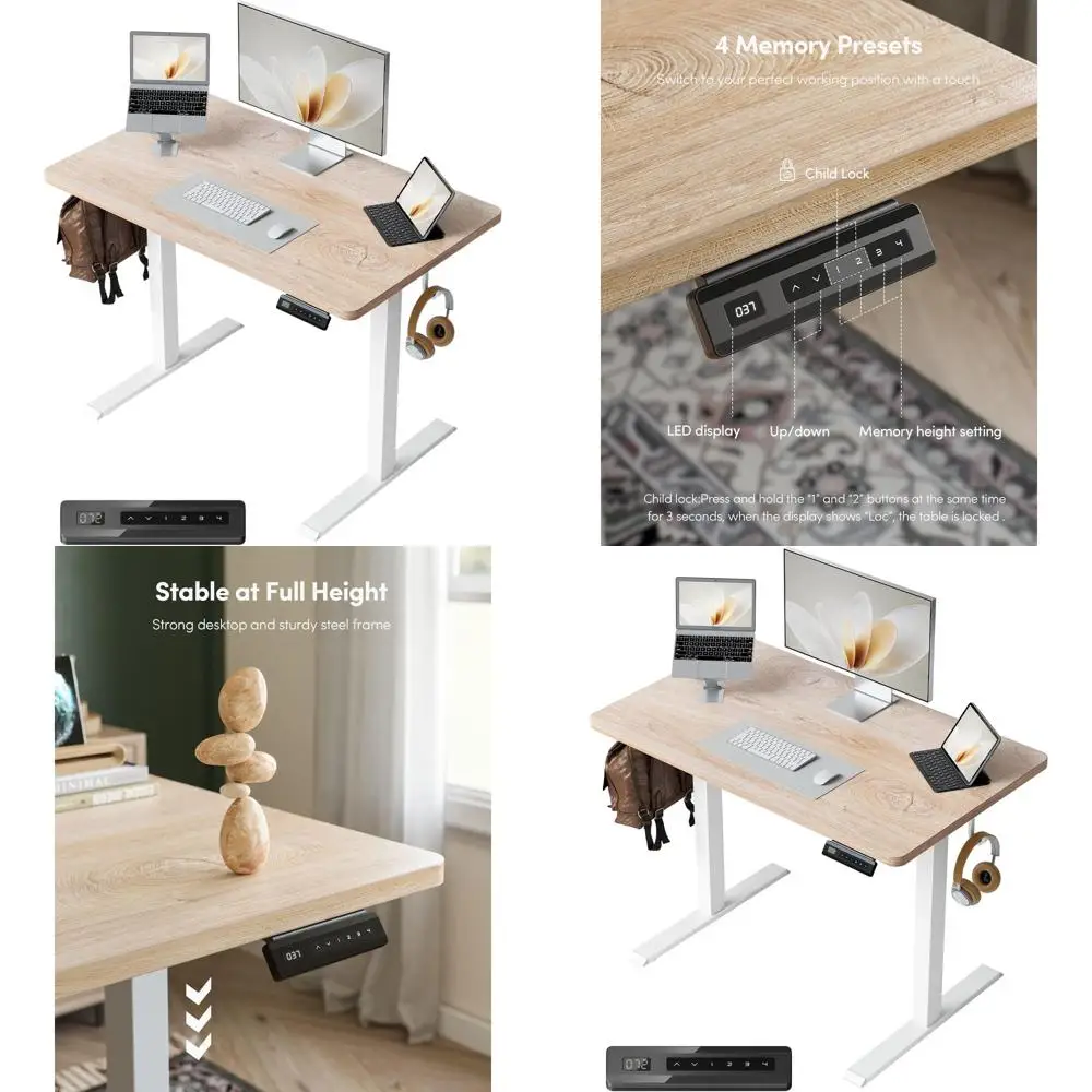 

Электрический регулируемый по высоте стол для работы стоя, 40x24, с 4 предустановленными позициями памяти и держателем для бумаг, отделка клен.
