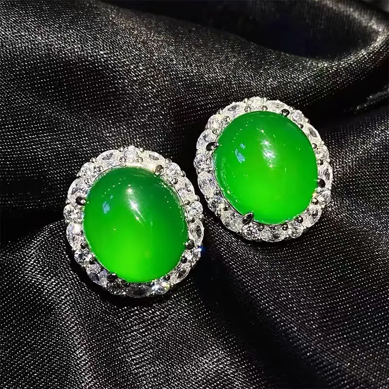New Chinese-style natural ice jade imperial green chalcedony earrings with translucent zircon inlay, light luxury and niche Chin