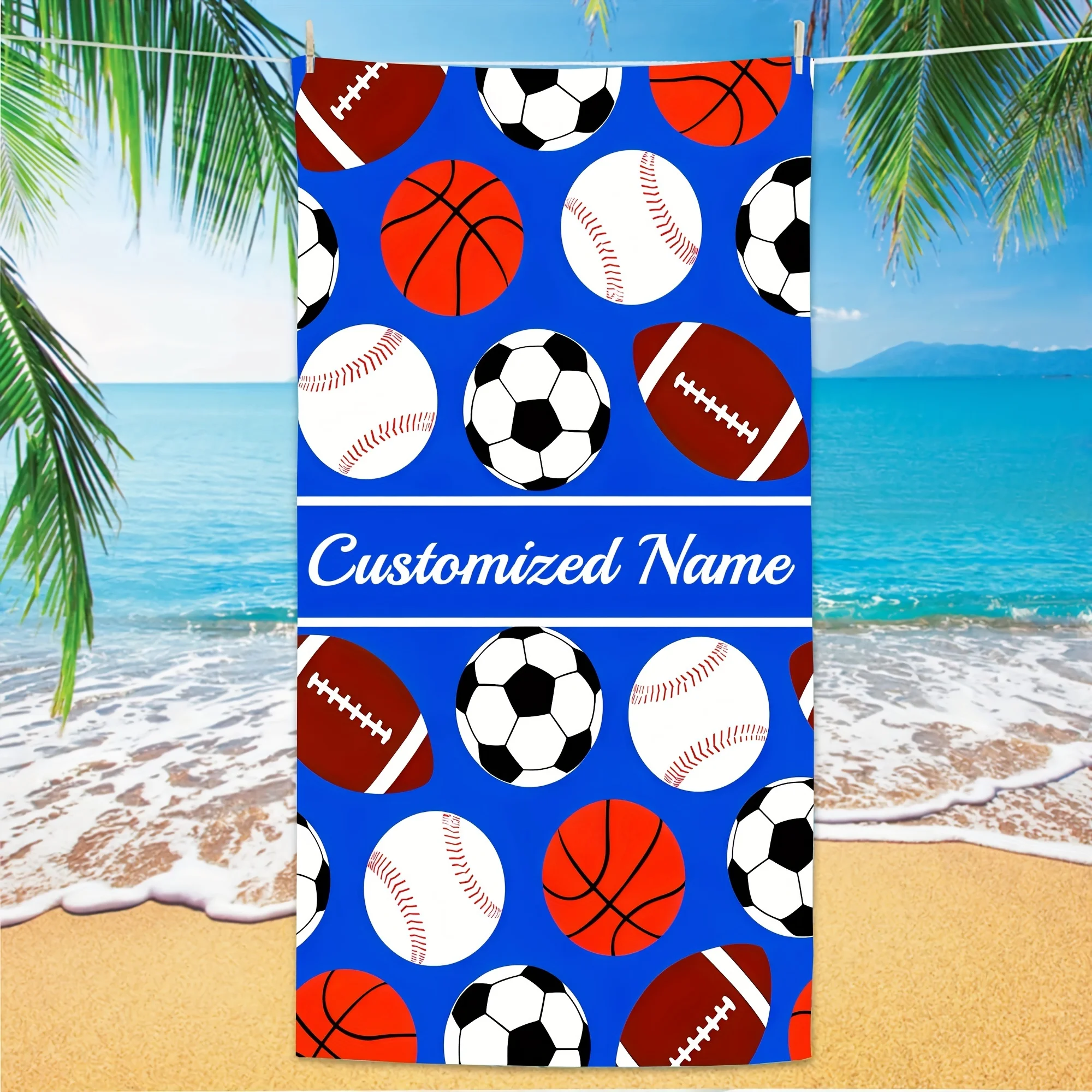 Custom Text Sport Elements Rugby Football Basketball Baseball Pattern Seaside Vacation Beach Towel-Your Own Exclusive Bath Towel