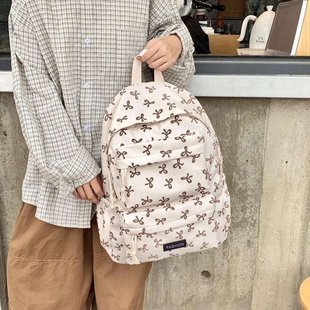 Portble Bow Printed Students Backpack Adjustable Strap Nylon School Bag Large Capacity Travel Rucksack Outdoor
