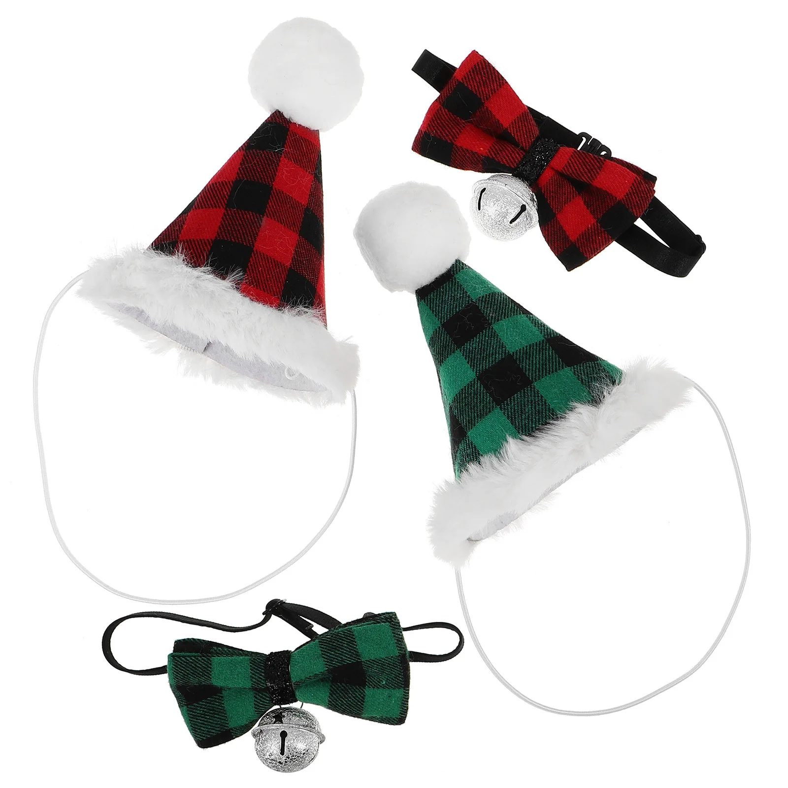 

2Sets Pet Christmas Hat Plaid Bow Tie Set Adjustable Small Dog Neck Tie Holiday Party Supplies Photography Props