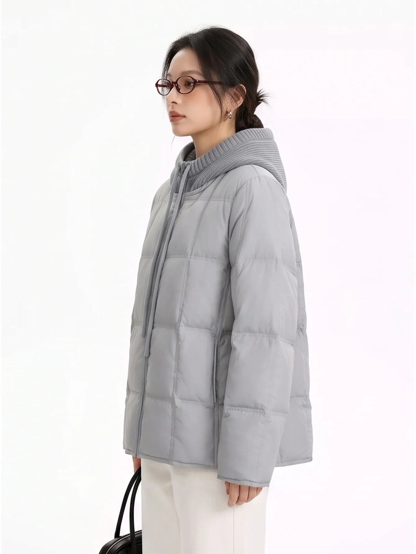 Korean Style Lazy Loose Fit Short Puffer Jacket with Knitted Hat Patchwork Slimming Warm Winter Coat Women's Fashion