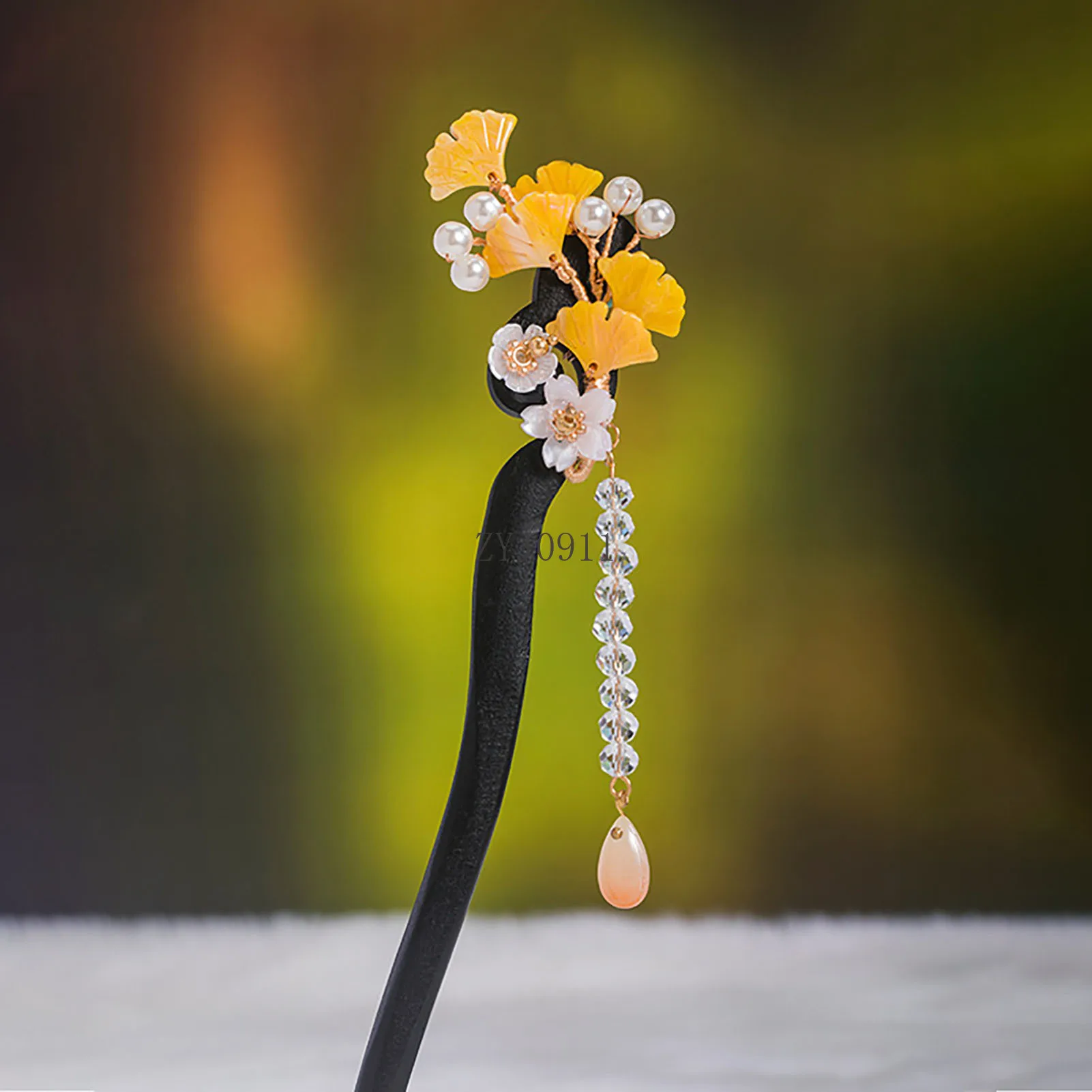 * ใบแปะก๊วยผมสไตล์จีน Cheongsam อุปกรณ์เสริมผมไม้พู่ Hairpin ตะเกียบ Vintage หญิง Tiaras เครื่องประดับ