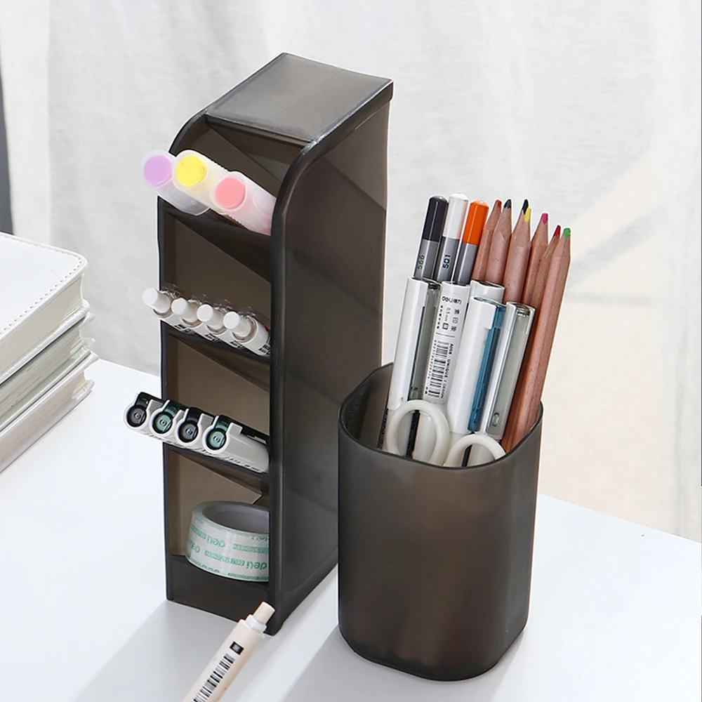 Large Transparent Frosted Desktop Pen Holder, Slanted Makeup Brush and Lipstick Storage Box, Multifunctional Stationery Storage Container