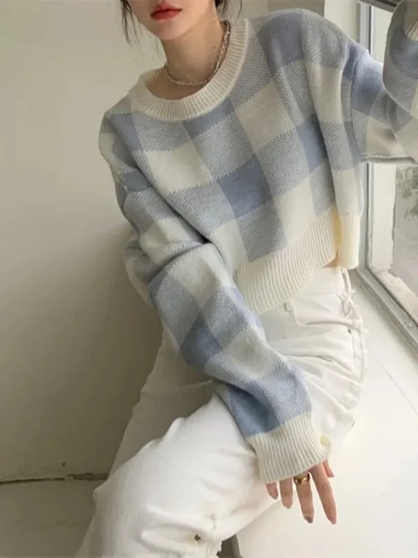 

Шикарный клетчатый ор-свитер Sweet Knitted irt Street Sle Slim Fit Long Sve round Ne Moisture ng осенне-зимний свитер