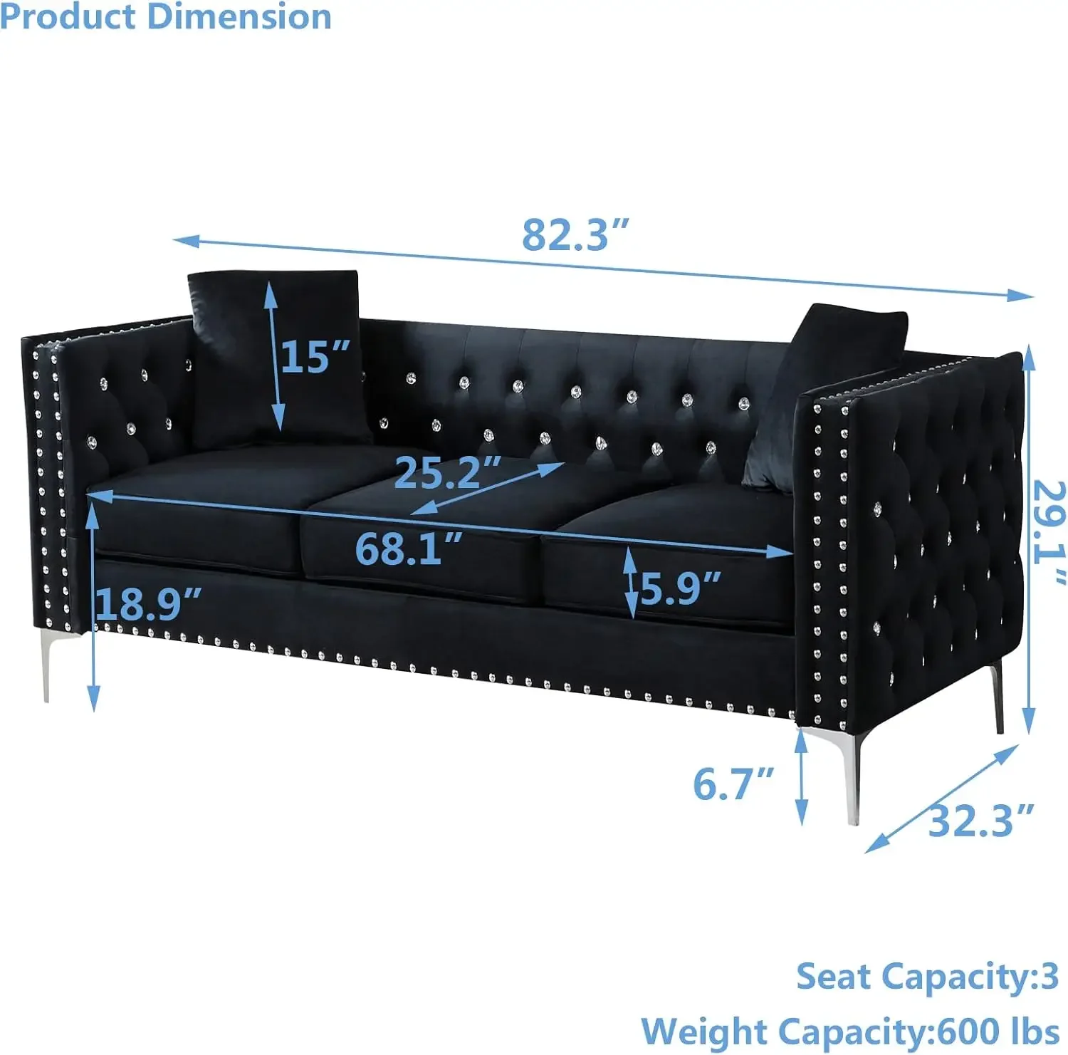 Velvet Sofa with Jeweled Buttons and Square Arms 82.3 Inch Tufted Couch with Trimmed Nailhead and Metal Legs 3 Person Couch