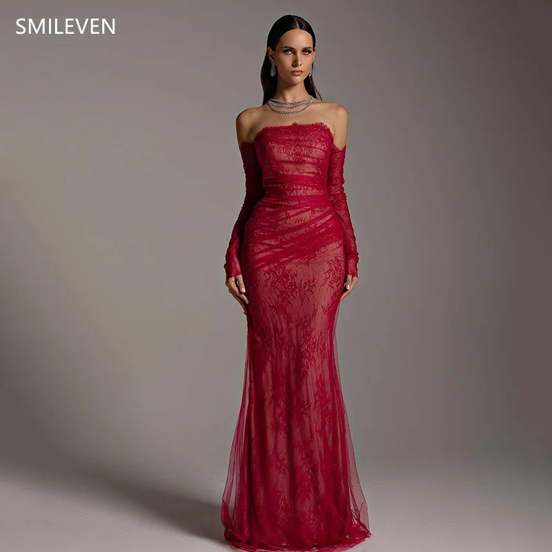 

Smileven Red Mermaid Lace Applique Prom Dress Sexy Long Sleeves Evening Gowns Cultivate Oneself Cocktail Dresses Customized 2024