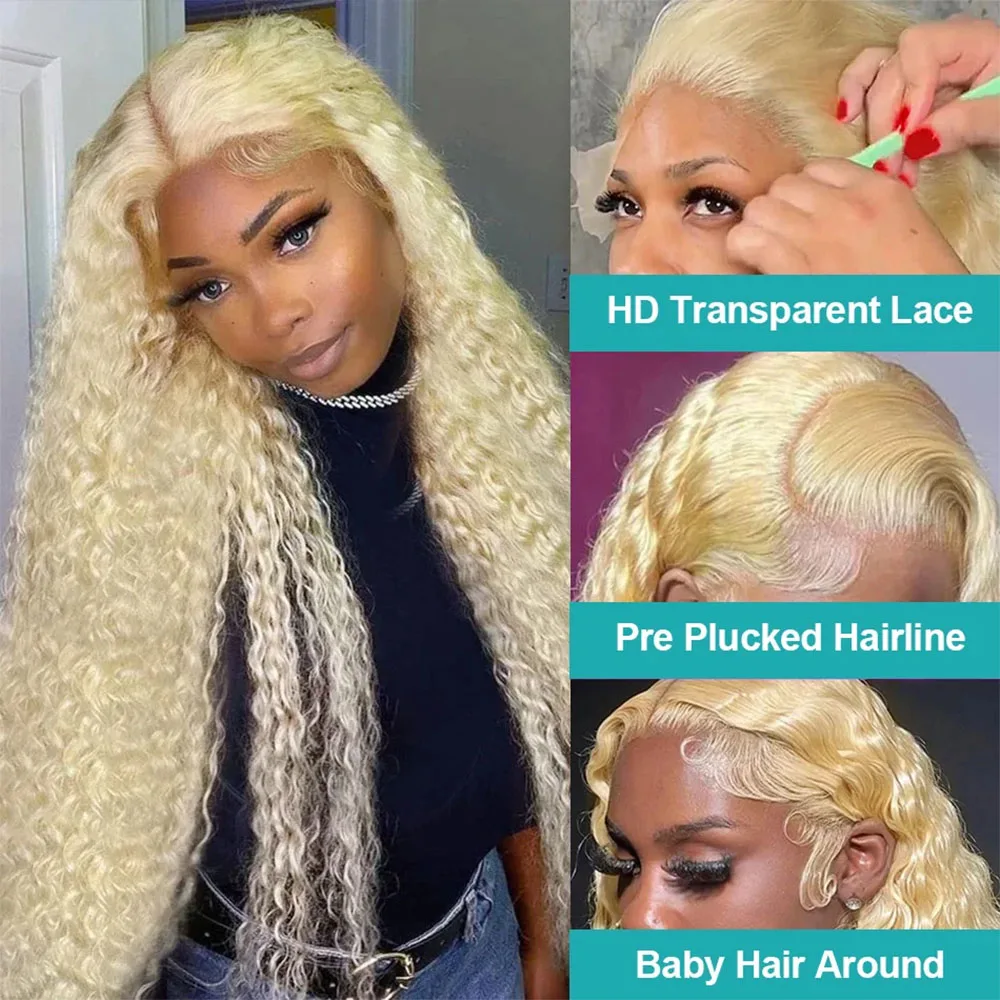 Perruque Lace Frmeds Wig naturelle bouclée, cheveux humains, blond miel 613 HD, 13x6, 13x4, pre-plucked, Deep Wave, 40 pouces