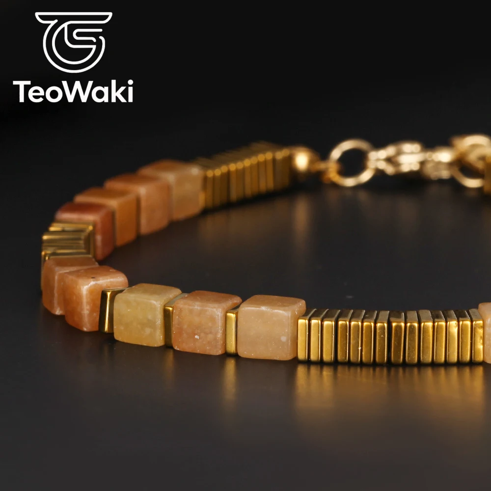 TeoWaki Natural Red Aventurine Bracelet with Golden Plated Hematite Daily Stackable For Men Women Party Birthday Gift 17+5cm