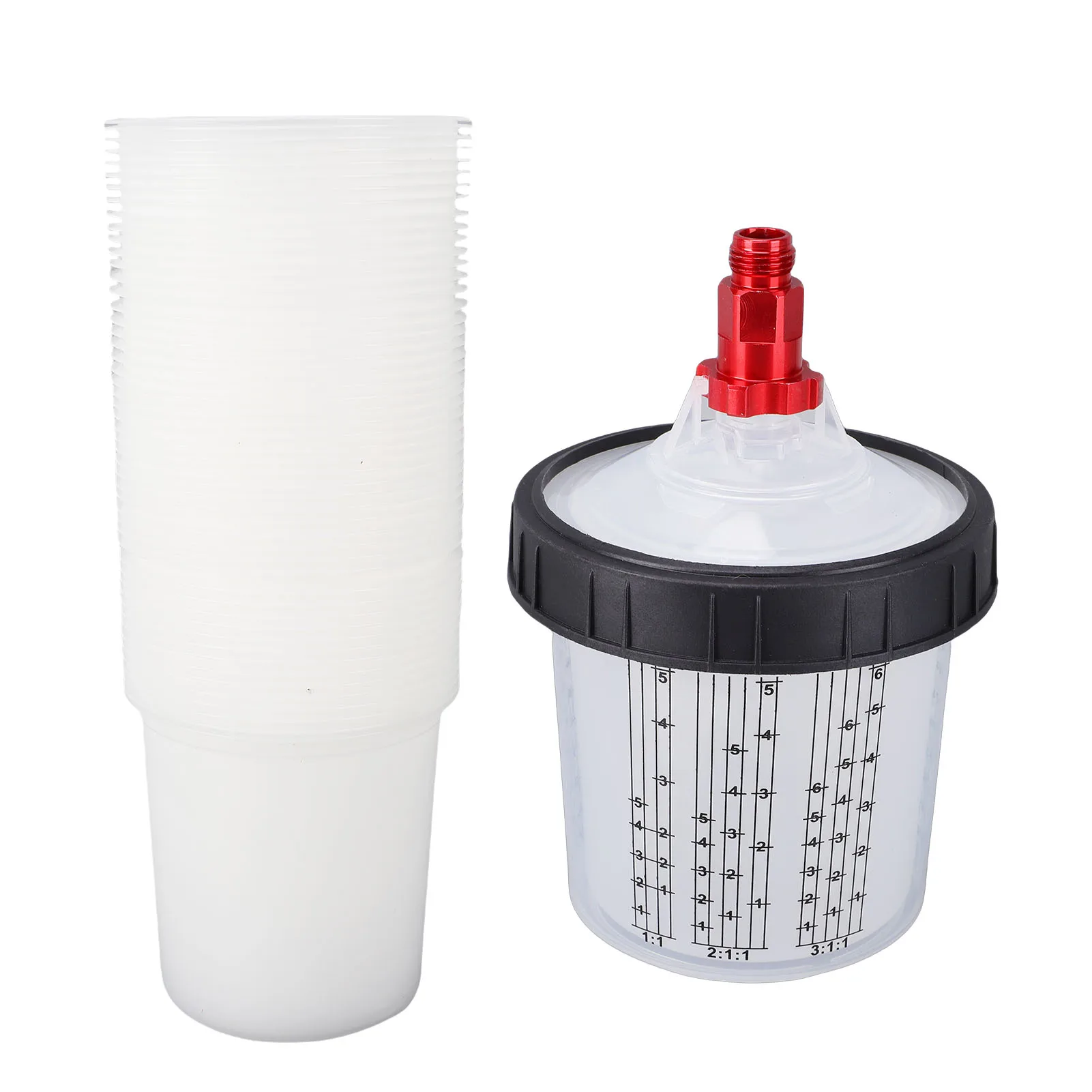 50pcs 20.3oz Disposable Spray Gun Cup Liners with 50 Lids 1 Hard Cup Fixing Ring Plugs Mixing Rod Adapters Paint Cup System