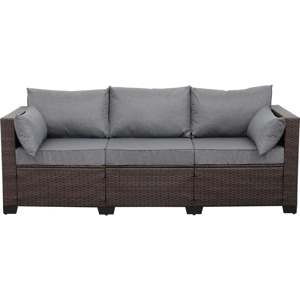 

Patio Couch PE Wicker Outdoor 3-Seat Sofa Brown Rattan Furniture Set Deep Seating with Anti-Slip Grey Cushion