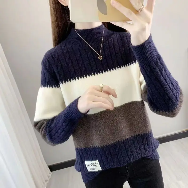 Autumn and Winter Women\'s Spliced Stripe Contrast Half High Collar Long Sleeve Sweaters Jumpers Fashion Casual Korean Tops