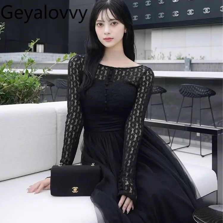 Estilo japonês moda pesado rendas vestidos longos para mulheres primavera outono retalhos senhora manga longa elegante vestido formal femme