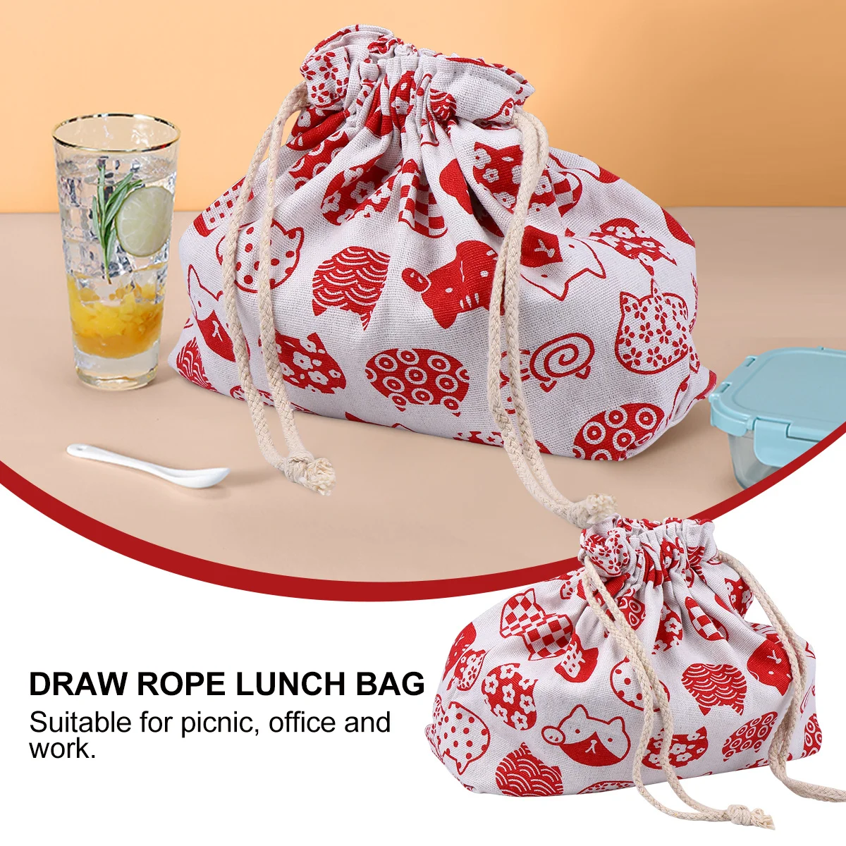 1 قطعة حقيبة الغداء النمط الياباني الأحمر بينتو طبقة مزدوجة القطن الكتان الرباط معزول خفيفة الوزن مقاوم للماء مناسبة نزهة