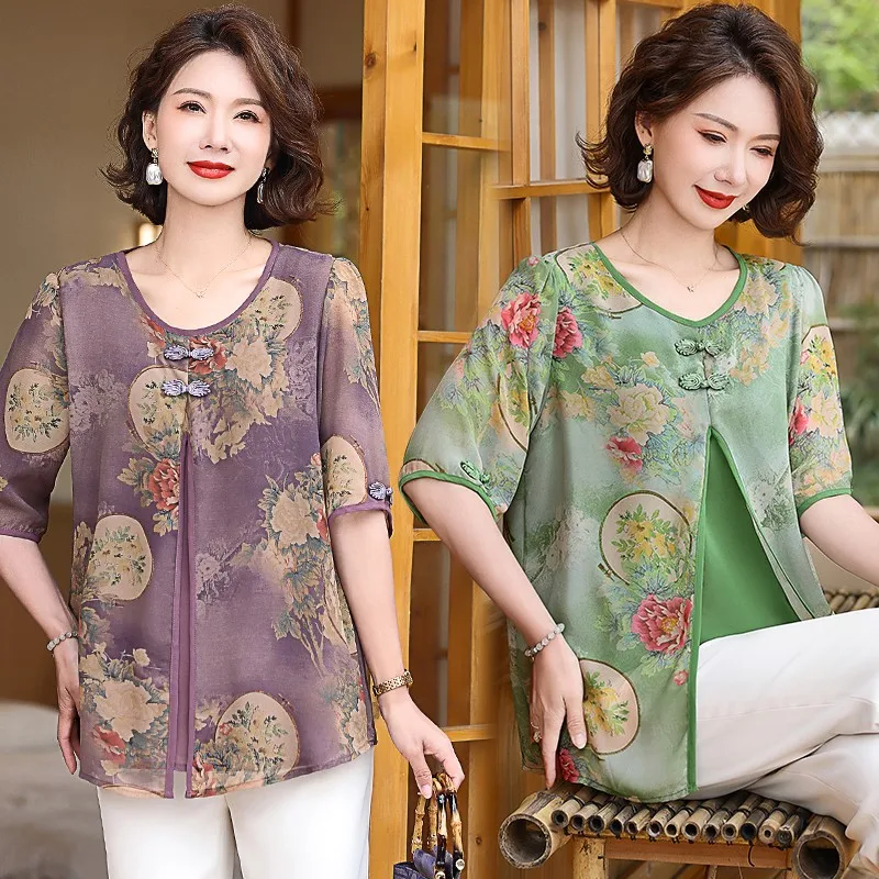 Blus longgar dua potong Vintage, Atasan kemeja longgar leher bulat Lengan setengah, pakaian kasual Fashion wanita musim panas